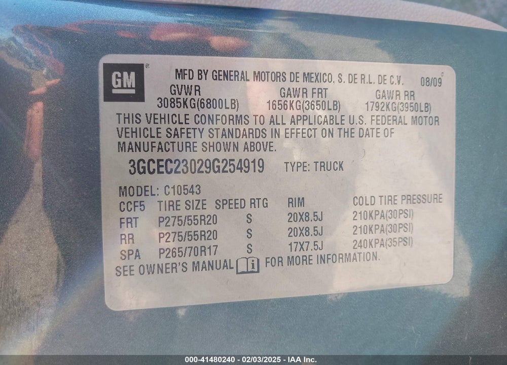 2009 CHEVROLET SILVERADO 1500 VIN: 3GCEC23029G254919