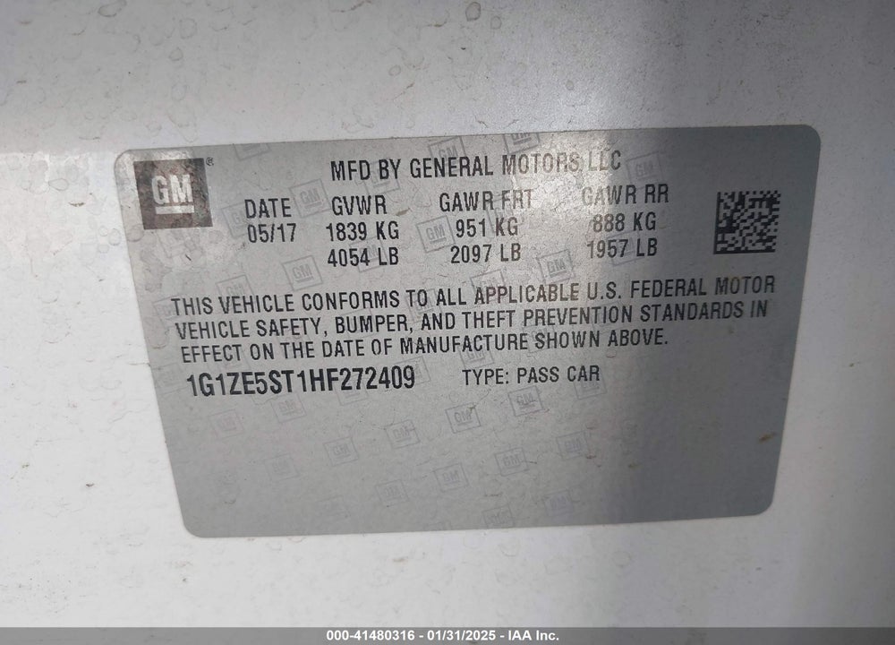 2017 CHEVROLET MALIBU VIN: 1G1ZE5ST1HF272409