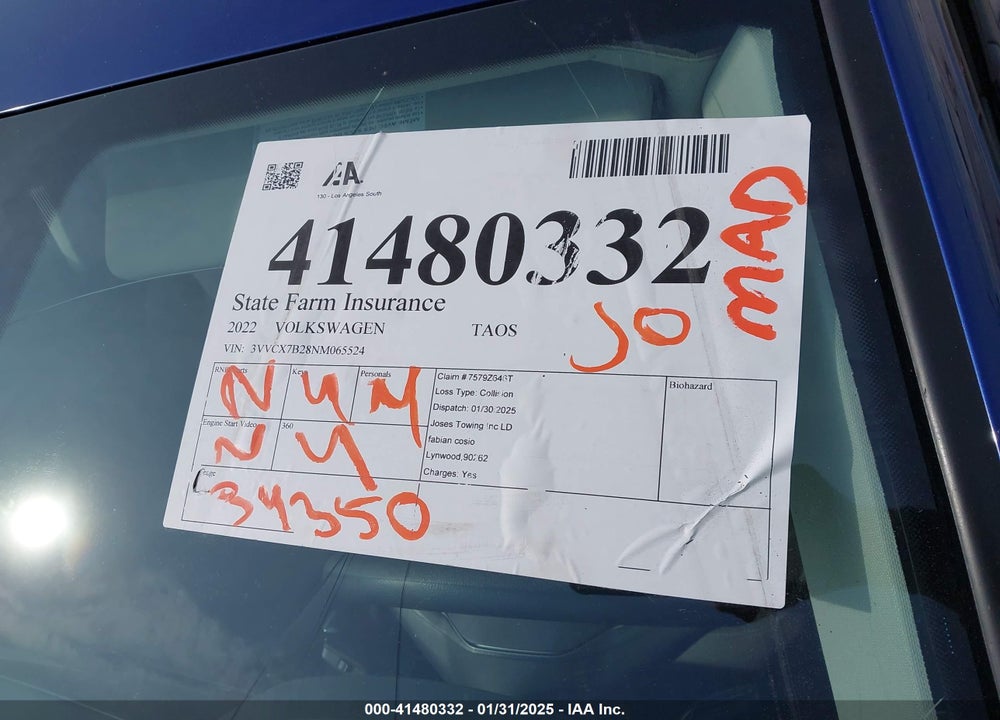 2022 VOLKSWAGEN TAOS VIN: 3VVCX7B28NM065524