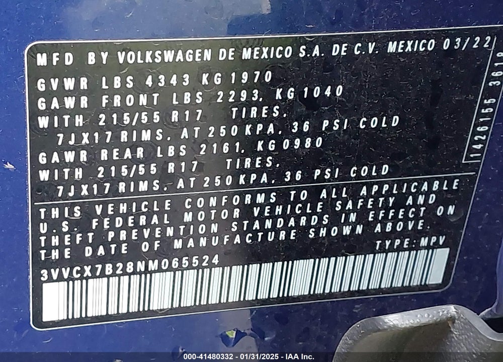 2022 VOLKSWAGEN TAOS VIN: 3VVCX7B28NM065524
