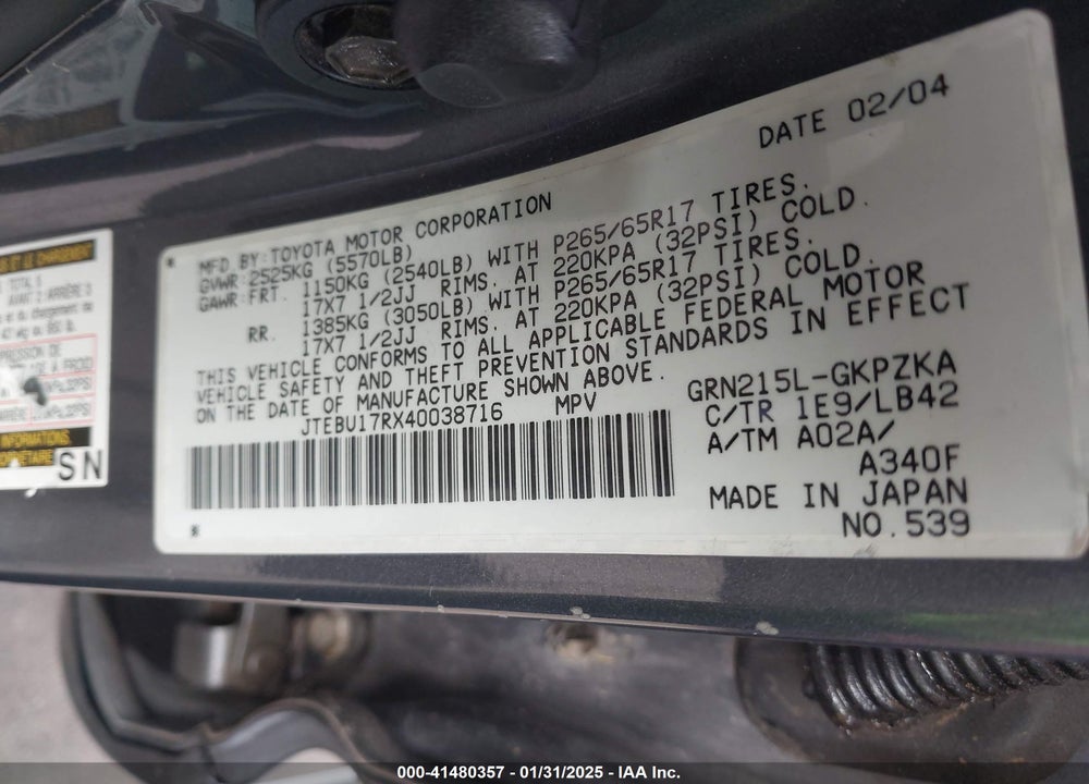 2004 TOYOTA 4RUNNER LIMITED V6 VIN: JTEBU17RX40038716