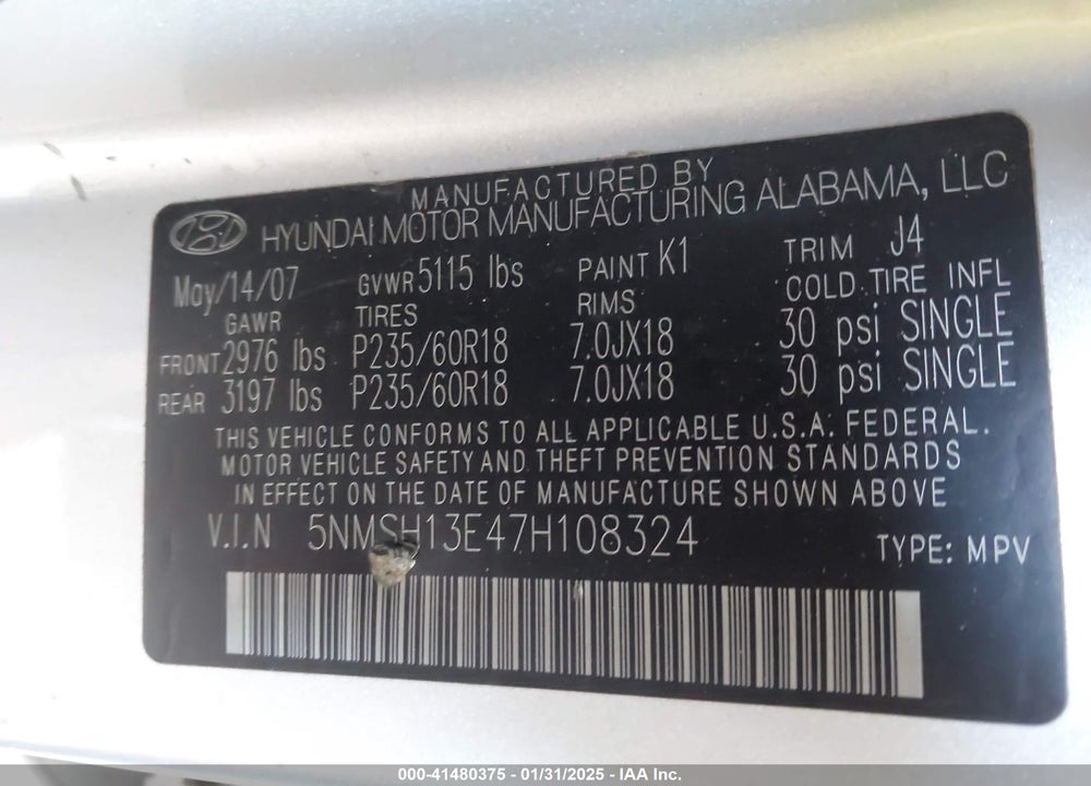 2007 HYUNDAI SANTA FE LIMITED/SE VIN: 5NMSH13E47H108324