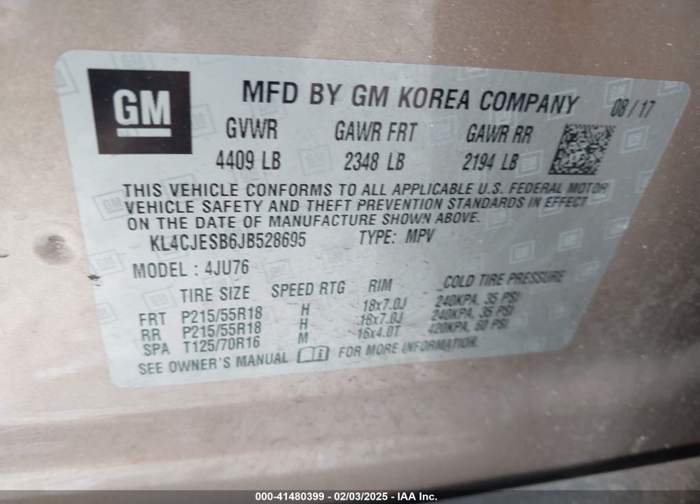 2018 BUICK ENCORE PREFERRED VIN: KL4CJESB6JB528695