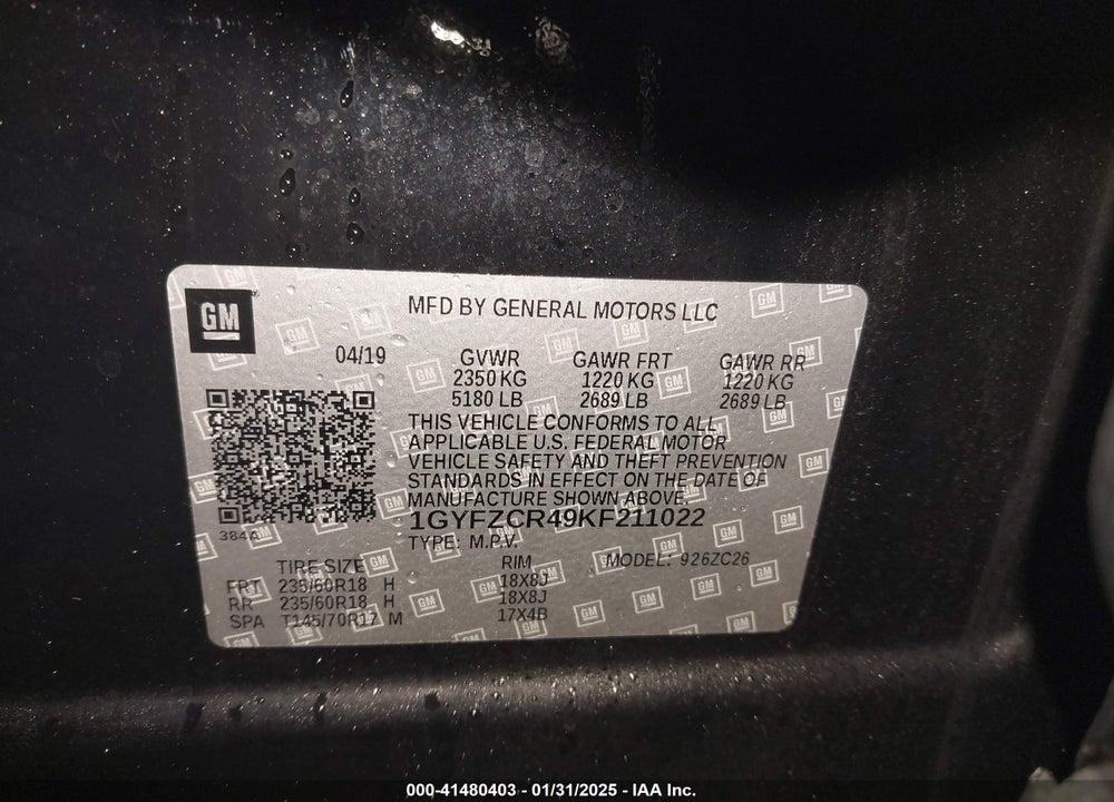 2019 CADILLAC XT4 VIN: 1GYFZCR49KF211022