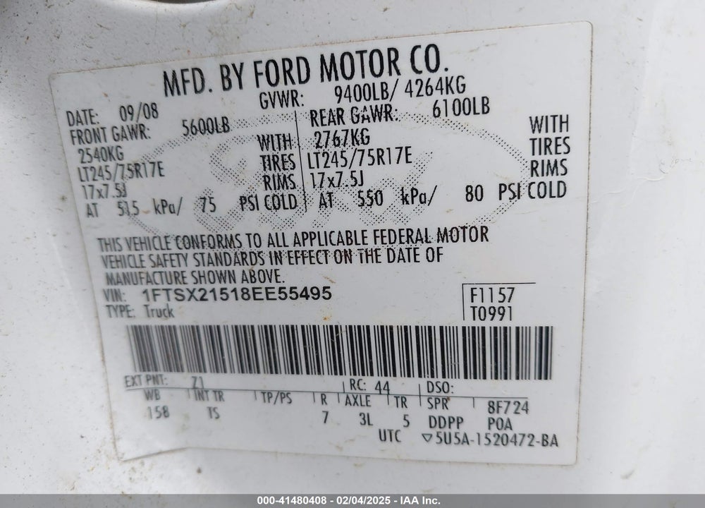 2008 FORD F-250 VIN: 1FTSX21518EE55495