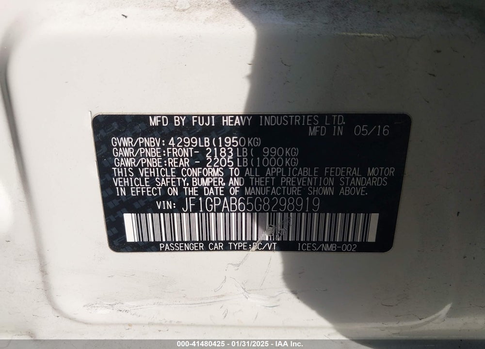 2016 SUBARU IMPREZA VIN: JF1GPAB65G8298919