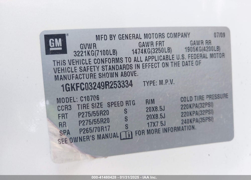 2009 GMC YUKON DENALI VIN: 1GKFC03249R253334