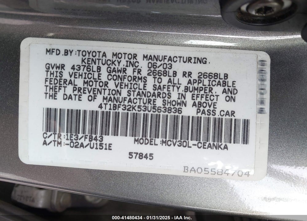 2003 TOYOTA CAMRY LE V6 VIN: 4T1BF32K53U563836