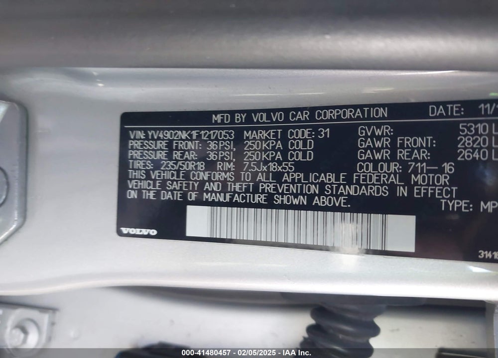 2015 VOLVO XC70 T6 VIN: YV4902NK1F1217053