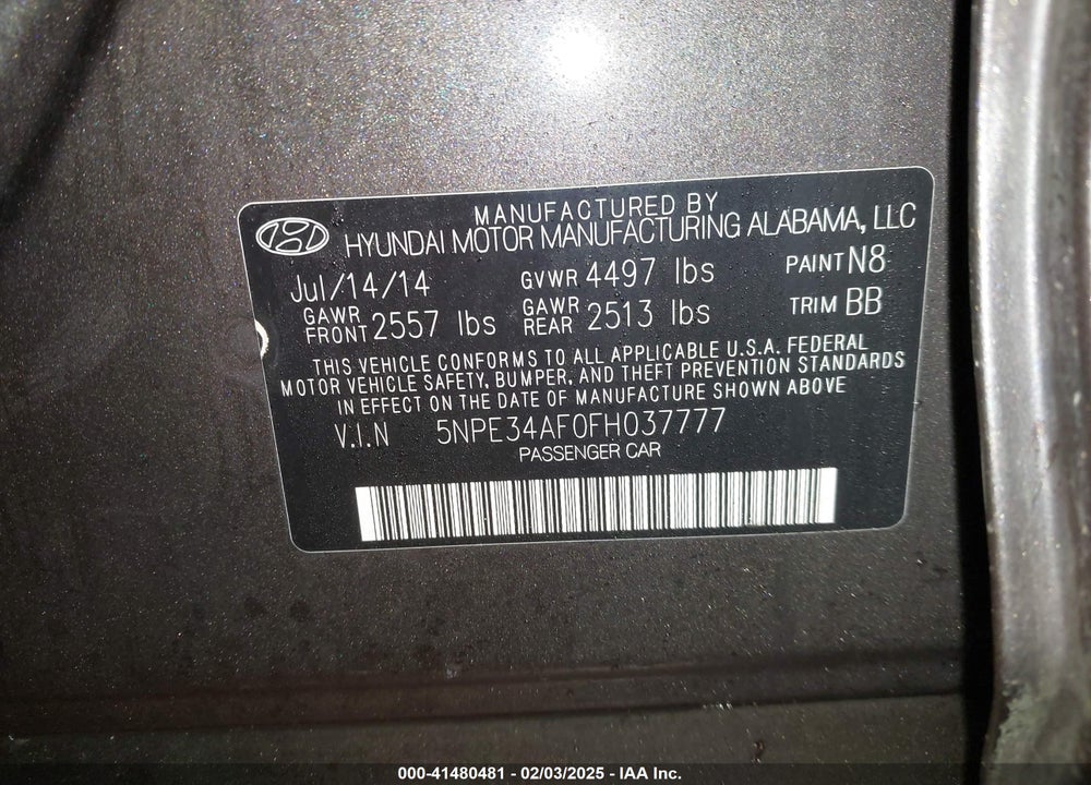 2015 HYUNDAI SONATA LIMITED VIN: 5NPE34AF0FH037777