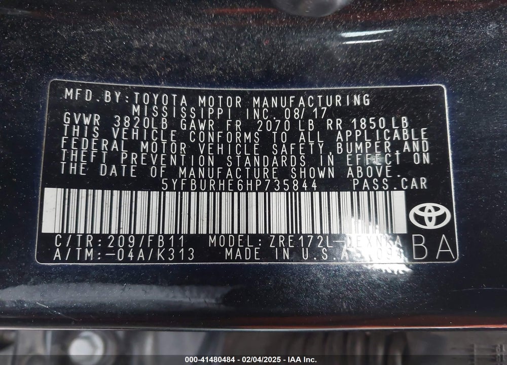2017 TOYOTA COROLLA VIN: 5YFBURHE6HP735844