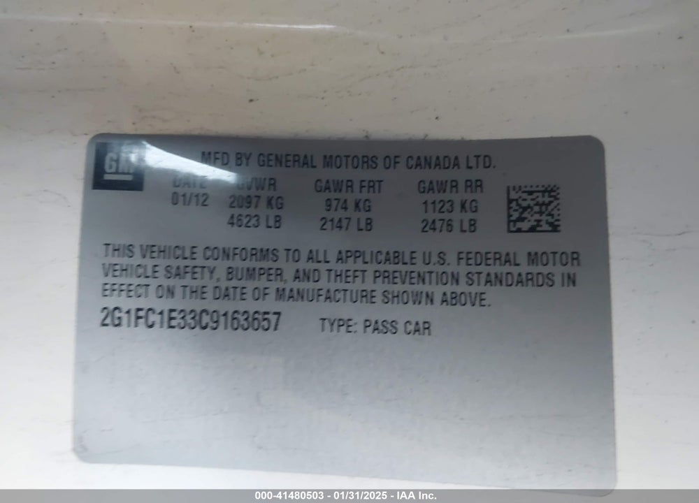 2012 CHEVROLET CAMARO 2LT VIN: 2G1FC1E33C9163657