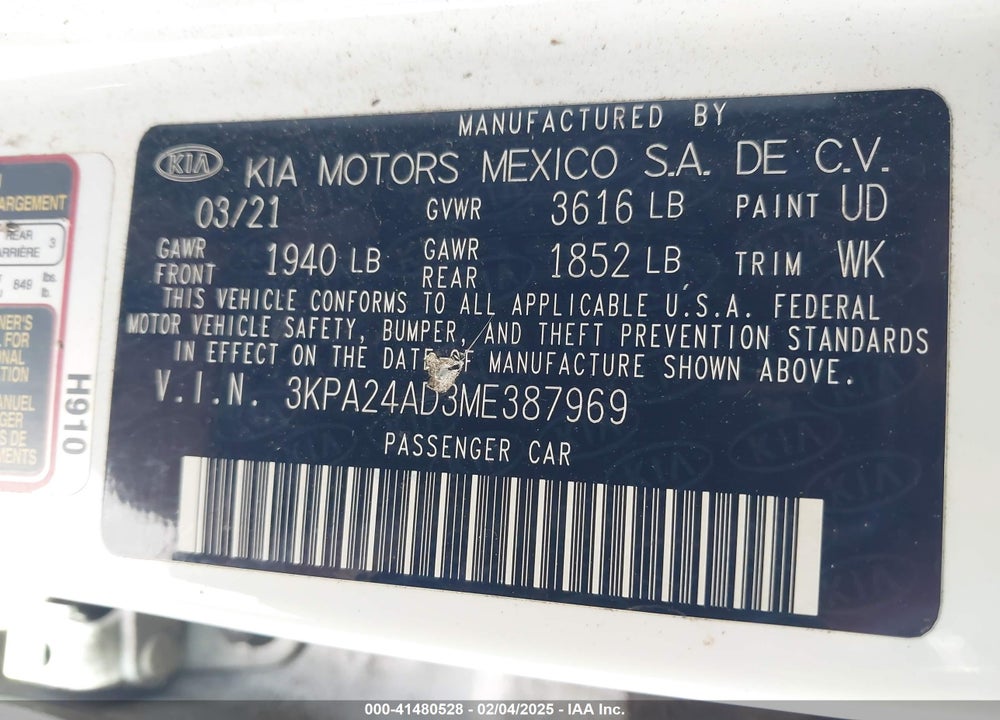 2021 KIA RIO VIN: 3KPA24AD3ME387969