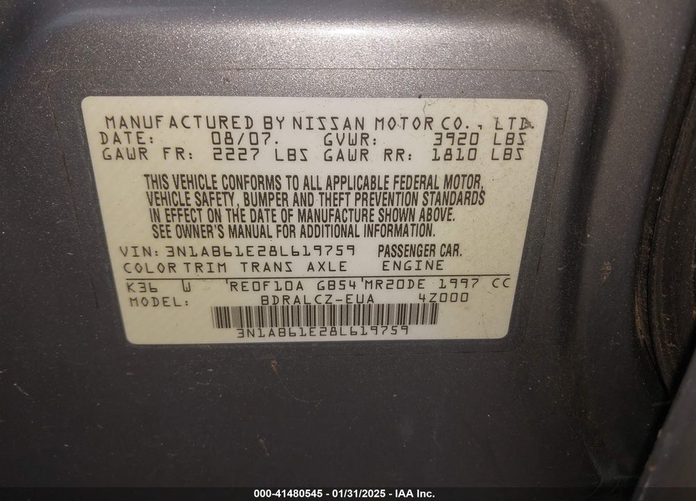 2008 NISSAN SENTRA VIN: 3N1AB61E28L619759