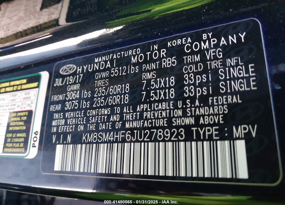 2018 HYUNDAI SANTA FE SE VIN: KM8SM4HF6JU278923
