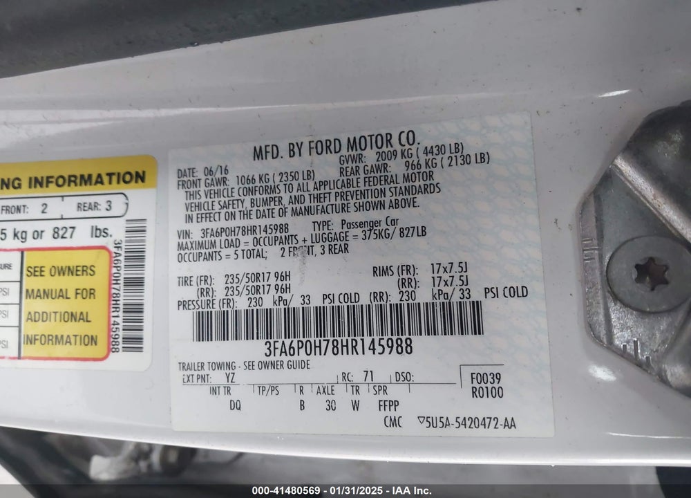 2017 FORD FUSION VIN: 3FA6P0H78HR145988
