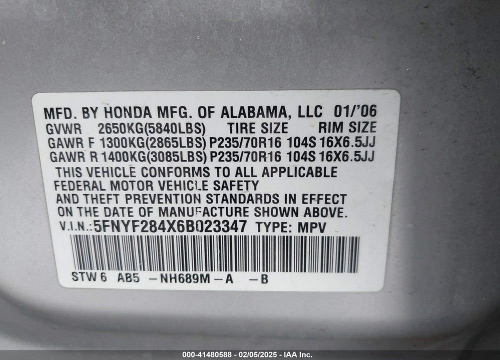 2006 HONDA PILOT VIN: 5FNYF284X6B023347