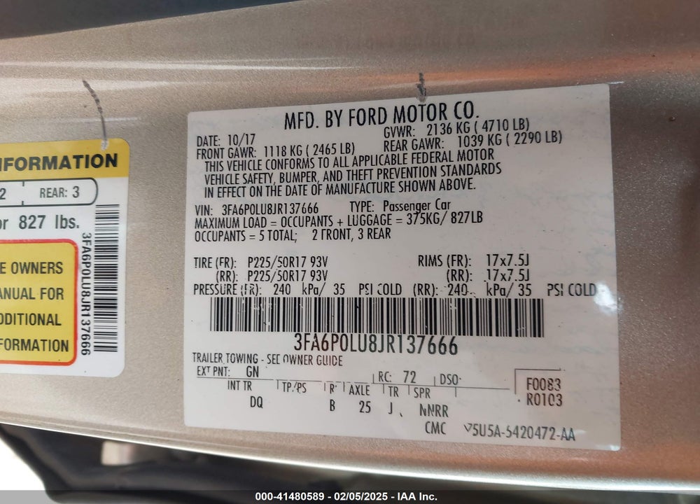 2018 FORD FUSION HYBRID SE VIN: 3FA6P0LU8JR137666