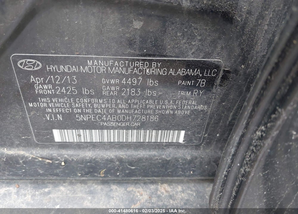2013 HYUNDAI SONATA VIN: 5NPEC4AB0DH728186