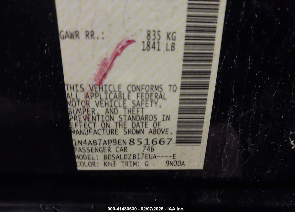 2014 NISSAN SENTRA FE+ S/FE+ SV/S/SL/SR/SV VIN: 1N4AB7AP9EN851667