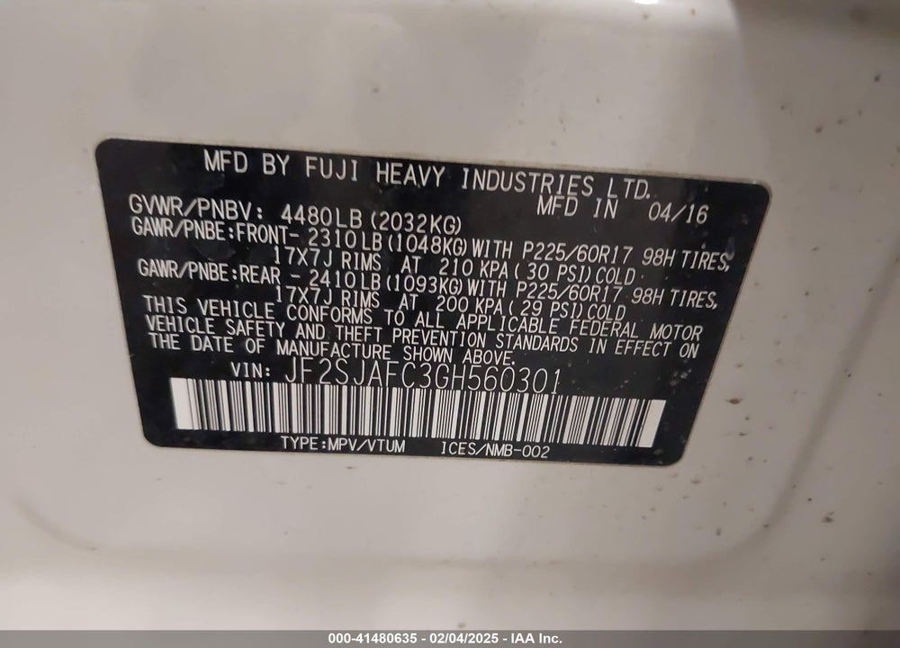 2016 SUBARU FORESTER 2.5I PREMIUM VIN: JF2SJAFC3GH560301