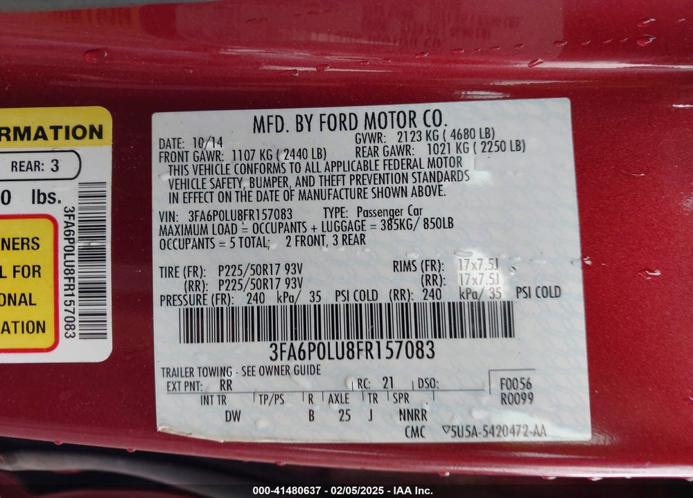 2015 FORD FUSION HYBRID VIN: 3FA6P0LU8FR157083