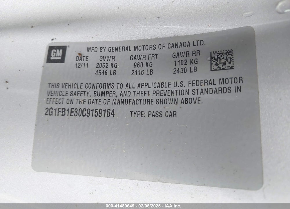 2012 CHEVROLET CAMARO 1LT VIN: 2G1FB1E30C9159164