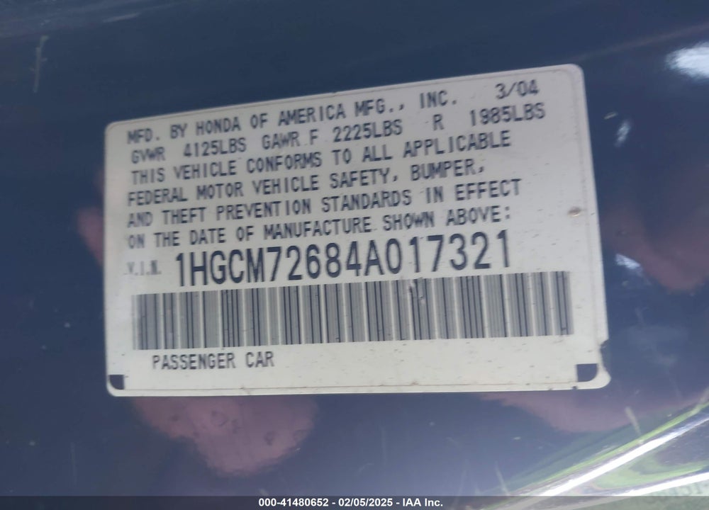 2004 HONDA ACCORD 2.4 EX VIN: 1HGCM72684A017321