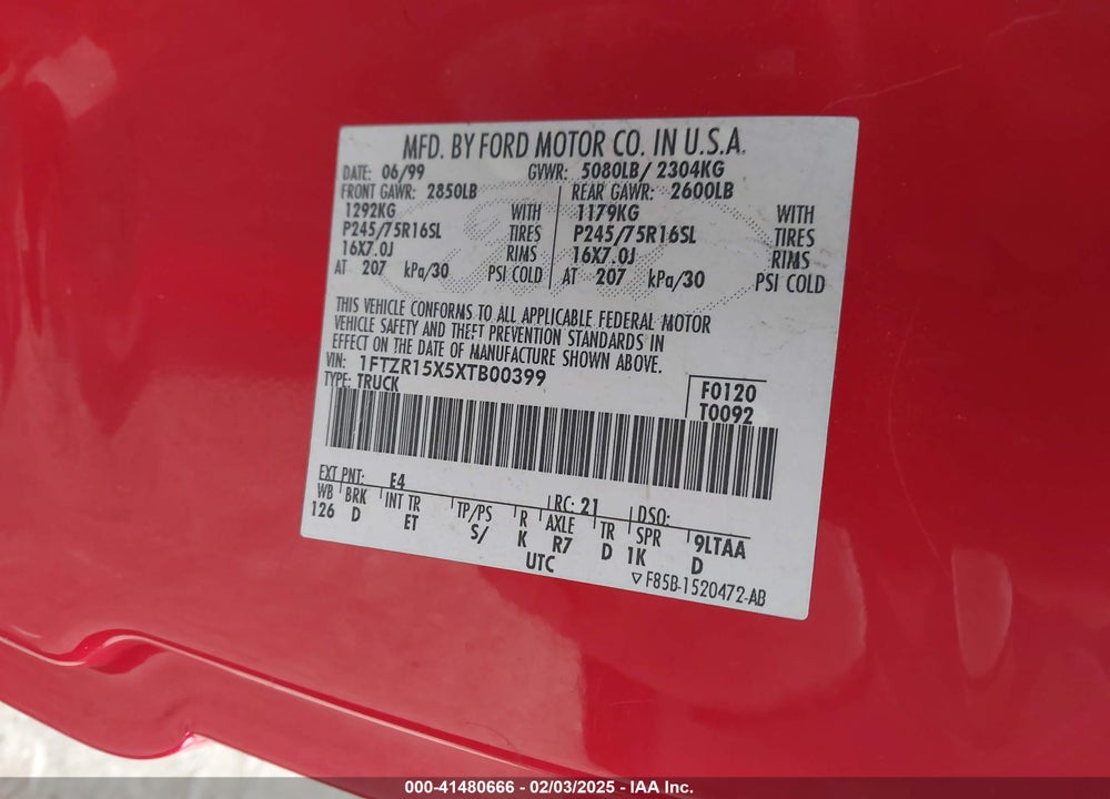 1999 FORD RANGER XLT VIN: 1FTZR15X5XTB00399