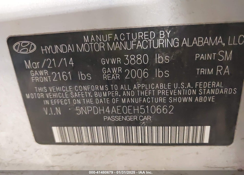 2014 HYUNDAI ELANTRA VIN: 5NPDH4AE0EH510662
