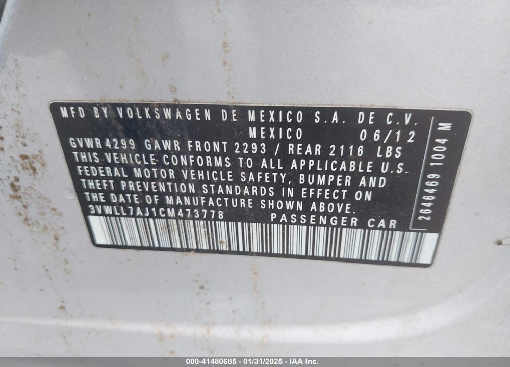 2012 VOLKSWAGEN JETTA 2.0L TDI VIN: 3VWLL7AJ1CM473778