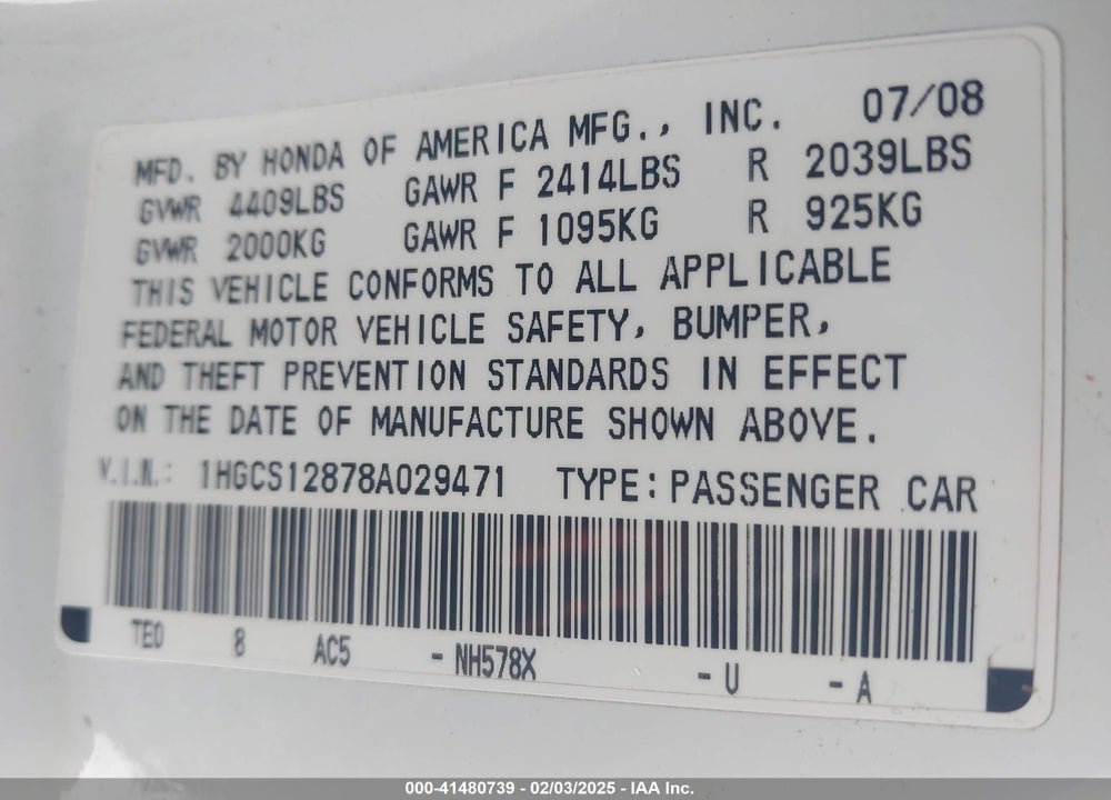 2008 HONDA ACCORD VIN: 1HGCS12878A029471