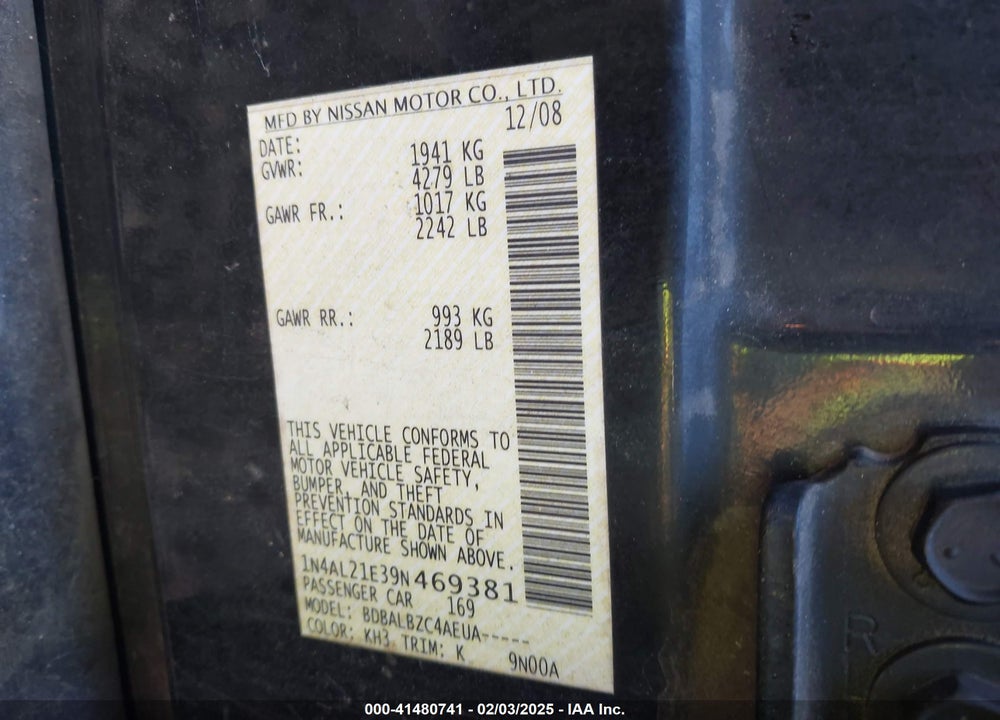 2009 NISSAN ALTIMA VIN: 1N4AL21E39N469381