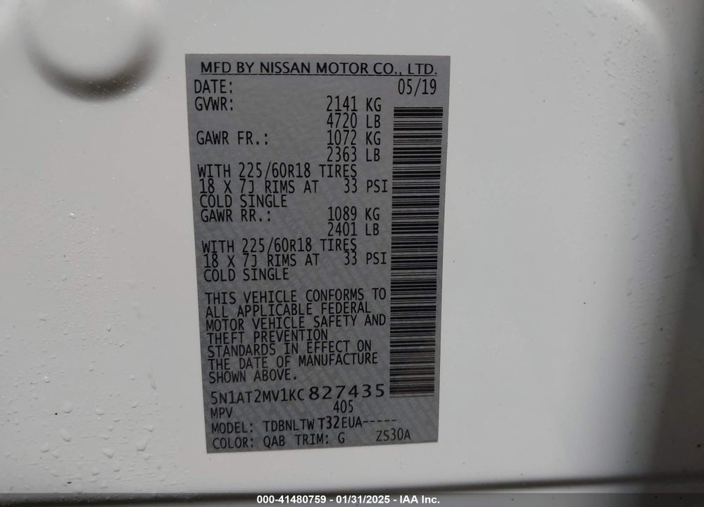 2019 NISSAN ROGUE SV VIN: 5N1AT2MV1KC827435