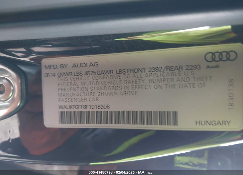 2015 AUDI A3 2.0T PREMIUM VIN: WAUKFGFF8F1018306