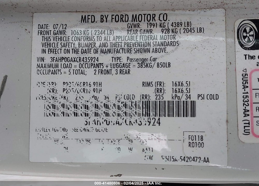 2012 FORD FUSION VIN: 3FAHP0GAXCR435924