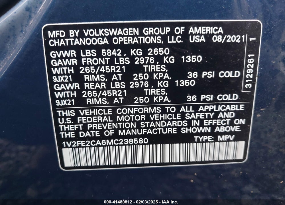 2021 VOLKSWAGEN ATLAS CROSS SPORT VIN: 1V2FE2CA6MC238580
