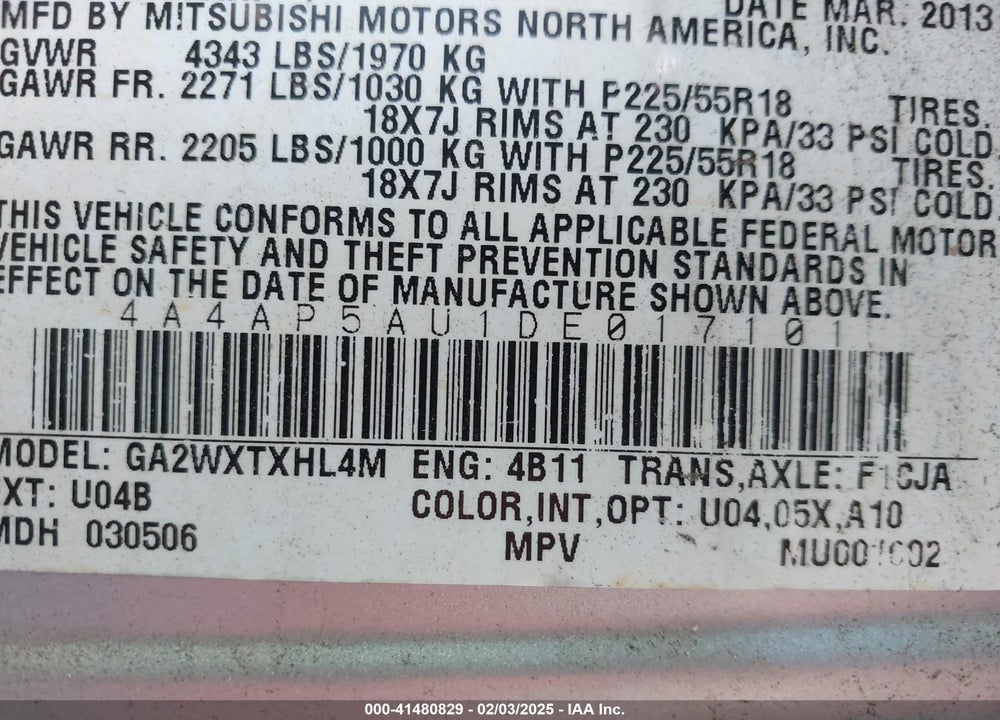 2013 MITSUBISHI OUTLANDER SPORT VIN: 4A4AP5AU1DE017101