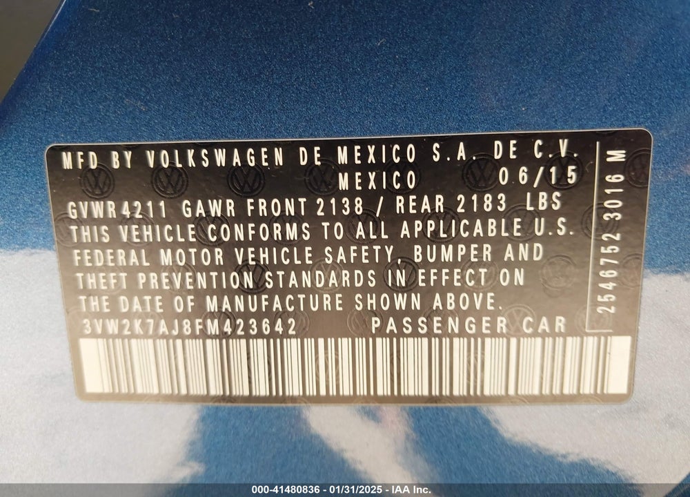 2015 VOLKSWAGEN JETTA VIN: 3VW2K7AJ8FM423642