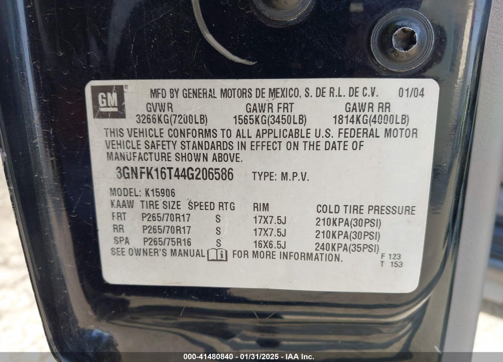 2004 CHEVROLET SUBURBAN 1500 Z71 VIN: 3GNFK16T44G206586