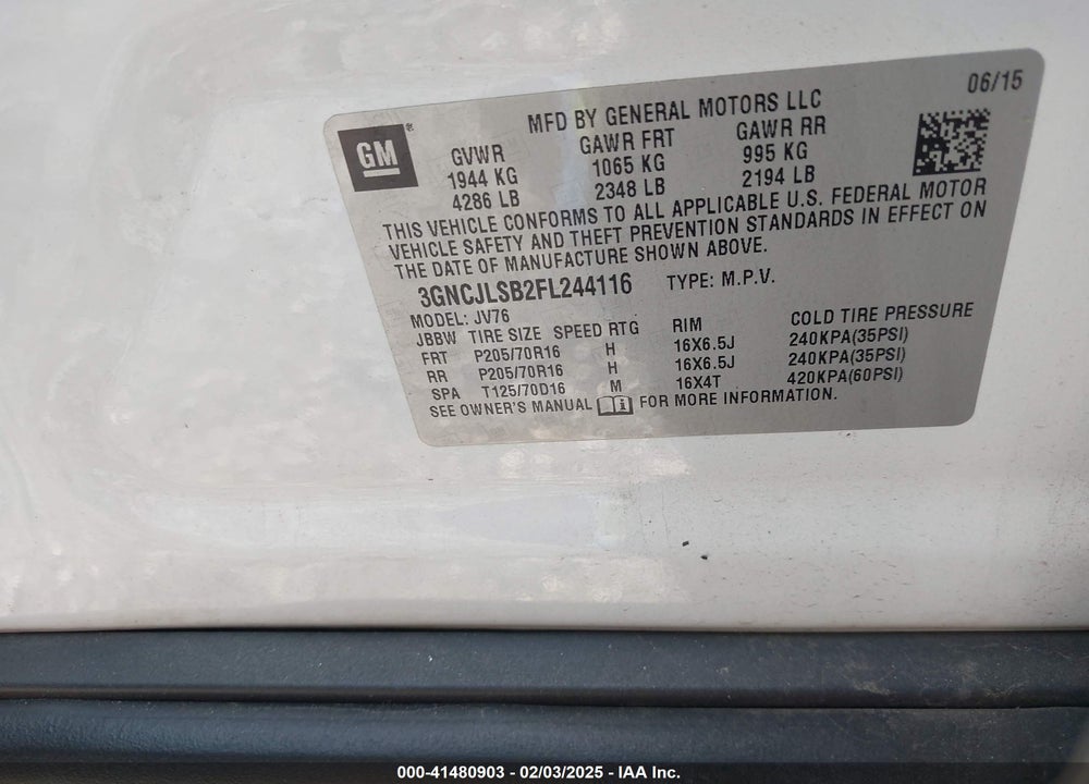 2015 CHEVROLET TRAX LT VIN: 3GNCJLSB2FL244116