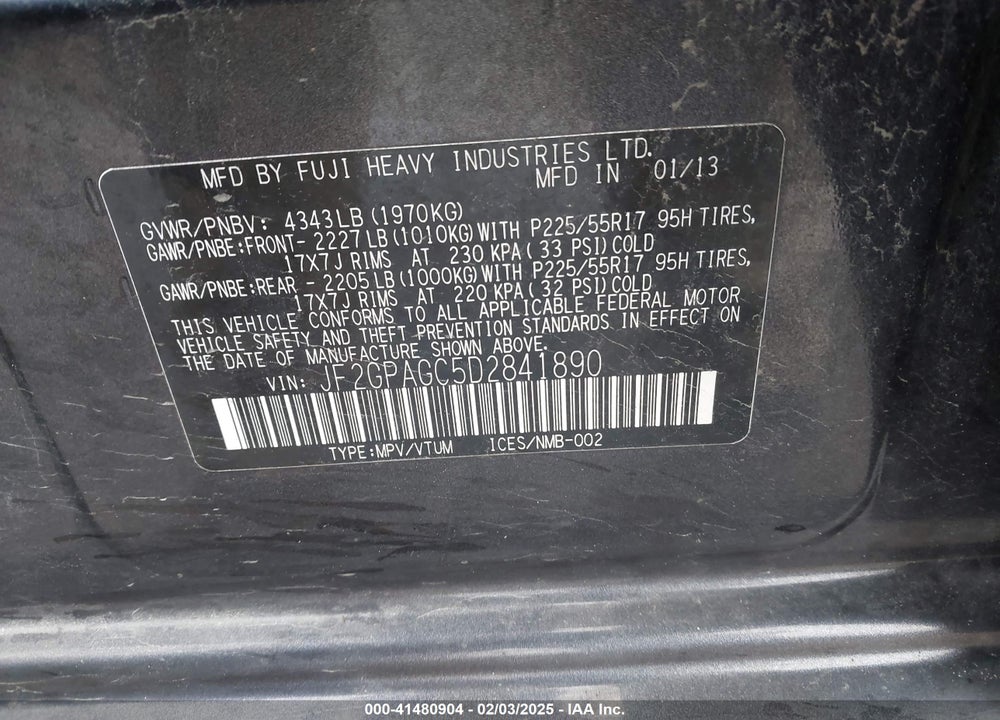 2013 SUBARU XV CROSSTREK VIN: JF2GPAGC5D2841890