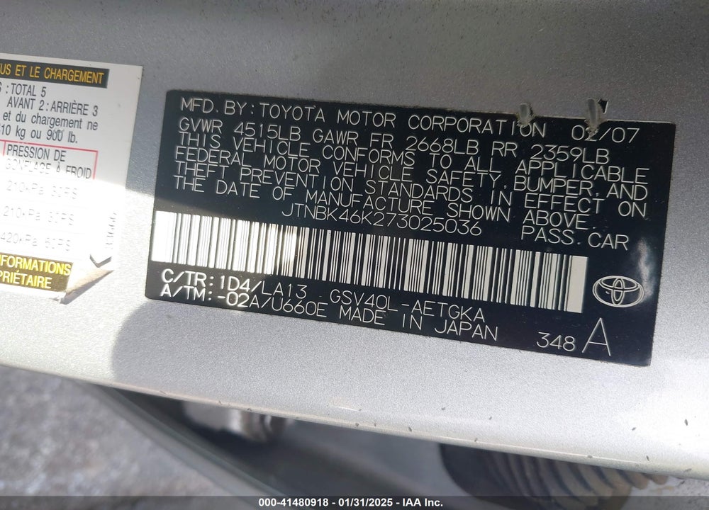 2007 TOYOTA CAMRY VIN: JTNBK46K273025036