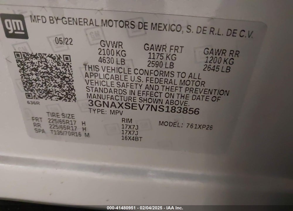 2022 CHEVROLET EQUINOX AWD LS VIN: 3GNAXSEV7NS183856