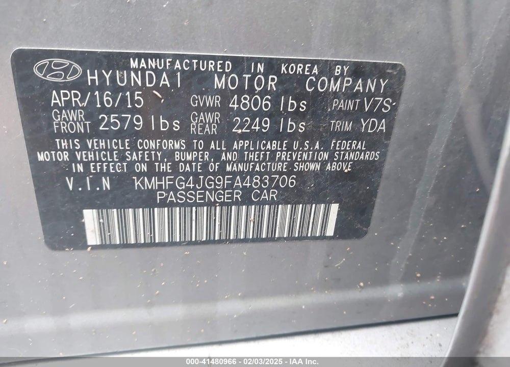 2015 HYUNDAI AZERA VIN: KMHFG4JG9FA483706