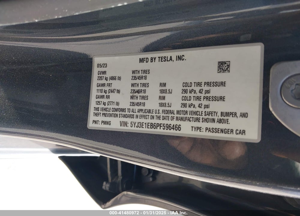 2023 TESLA MODEL 3 VIN: 5YJ3E1EB6PF596466