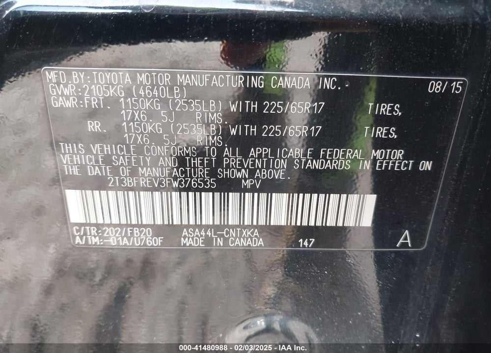 2015 TOYOTA RAV4 VIN: 2T3BFREV3FW376535