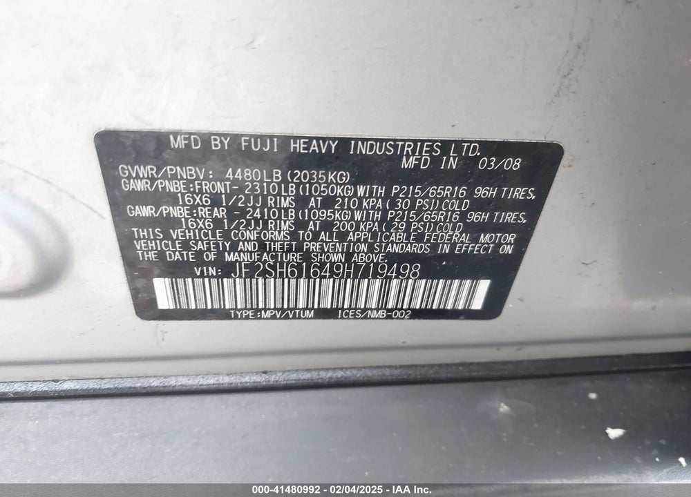2009 SUBARU FORESTER 2.5X VIN: JF2SH61649H719498