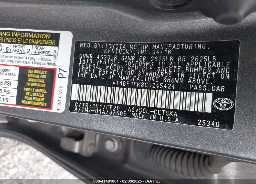 2016 TOYOTA CAMRY SE VIN: 4T1BF1FK8GU245424