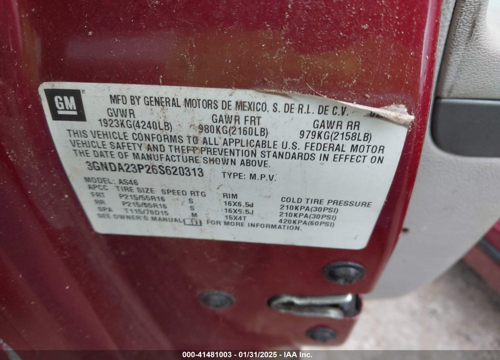 2006 CHEVROLET HHR VIN: 3GNDA23P26S620313